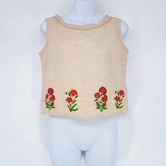 MAX Cotton Flex‎ Blend Embroidered Poppies Button Back Cropped Blouse Size Small - Picture 1 of 9